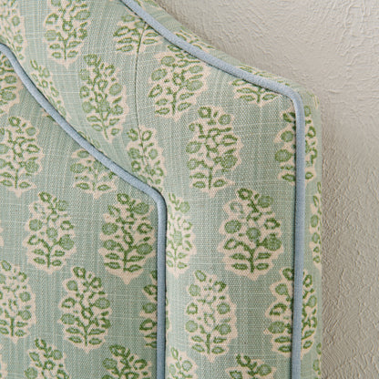 The Grace Queen Headboard - Perry Floral Green - Sky Blue Trim