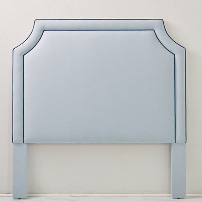The Addison Queen Headboard - Sky Blue Woven Fabric - Navy Trim