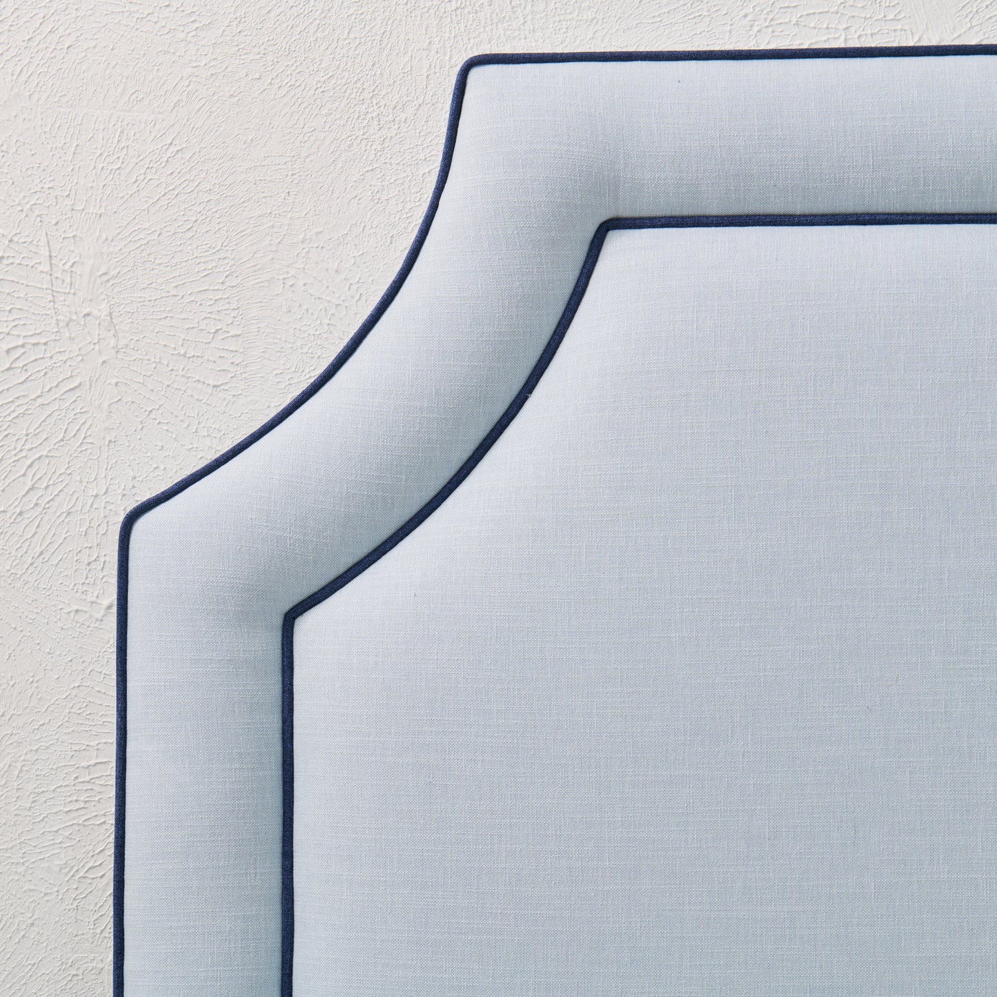 The Addison Queen Headboard - Sky Blue Woven Fabric - Navy Trim
