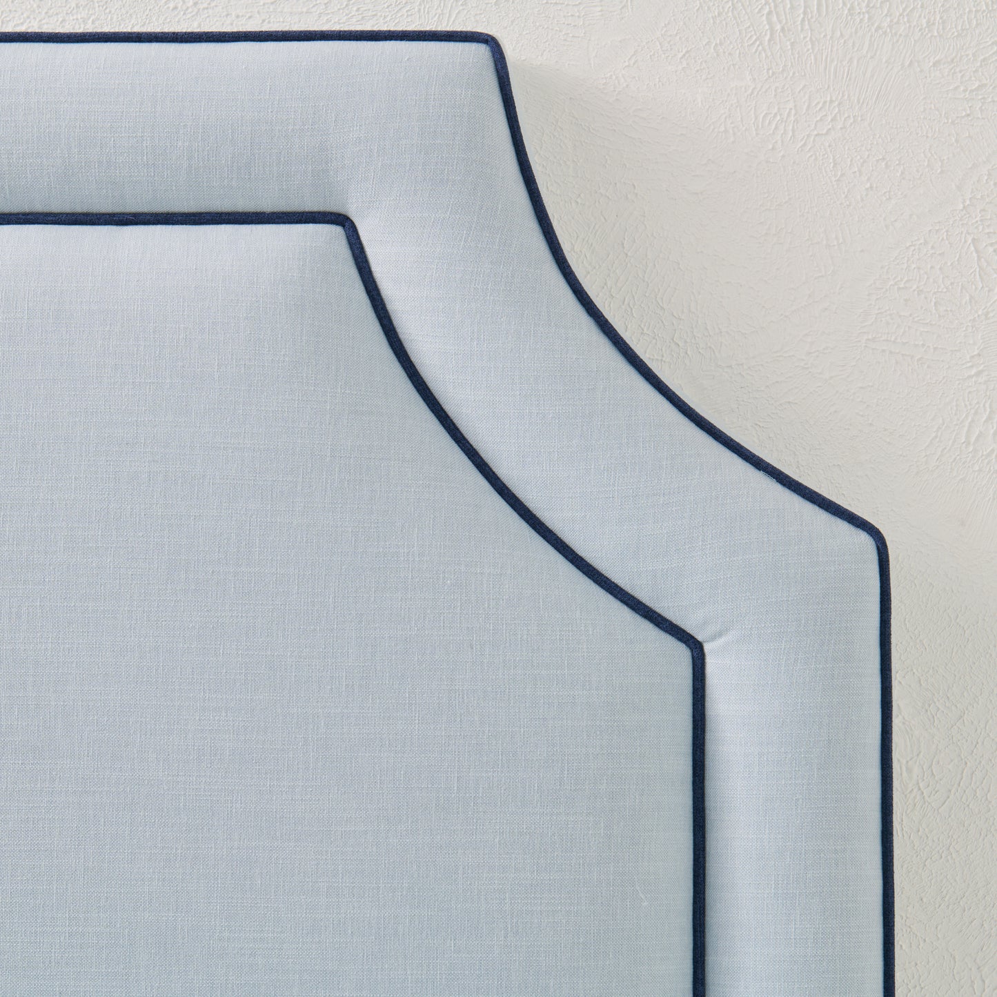 The Addison Queen Headboard - Sky Blue Woven Fabric - Navy Trim
