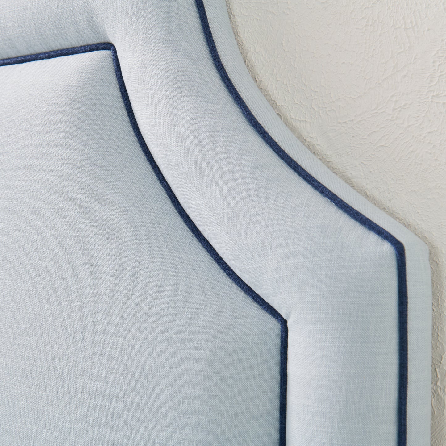 The Addison Queen Headboard - Sky Blue Woven Fabric - Navy Trim