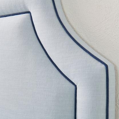 The Addison Queen Headboard - Sky Blue Woven Fabric - Navy Trim