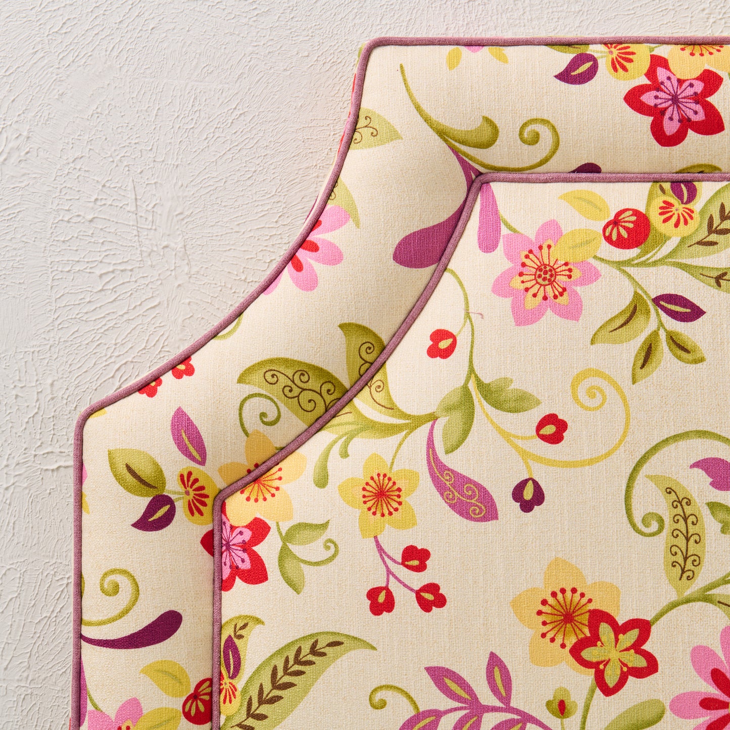The Addison Queen Headboard - Fabricut Floral Orchid Fabric - Lavender Trim