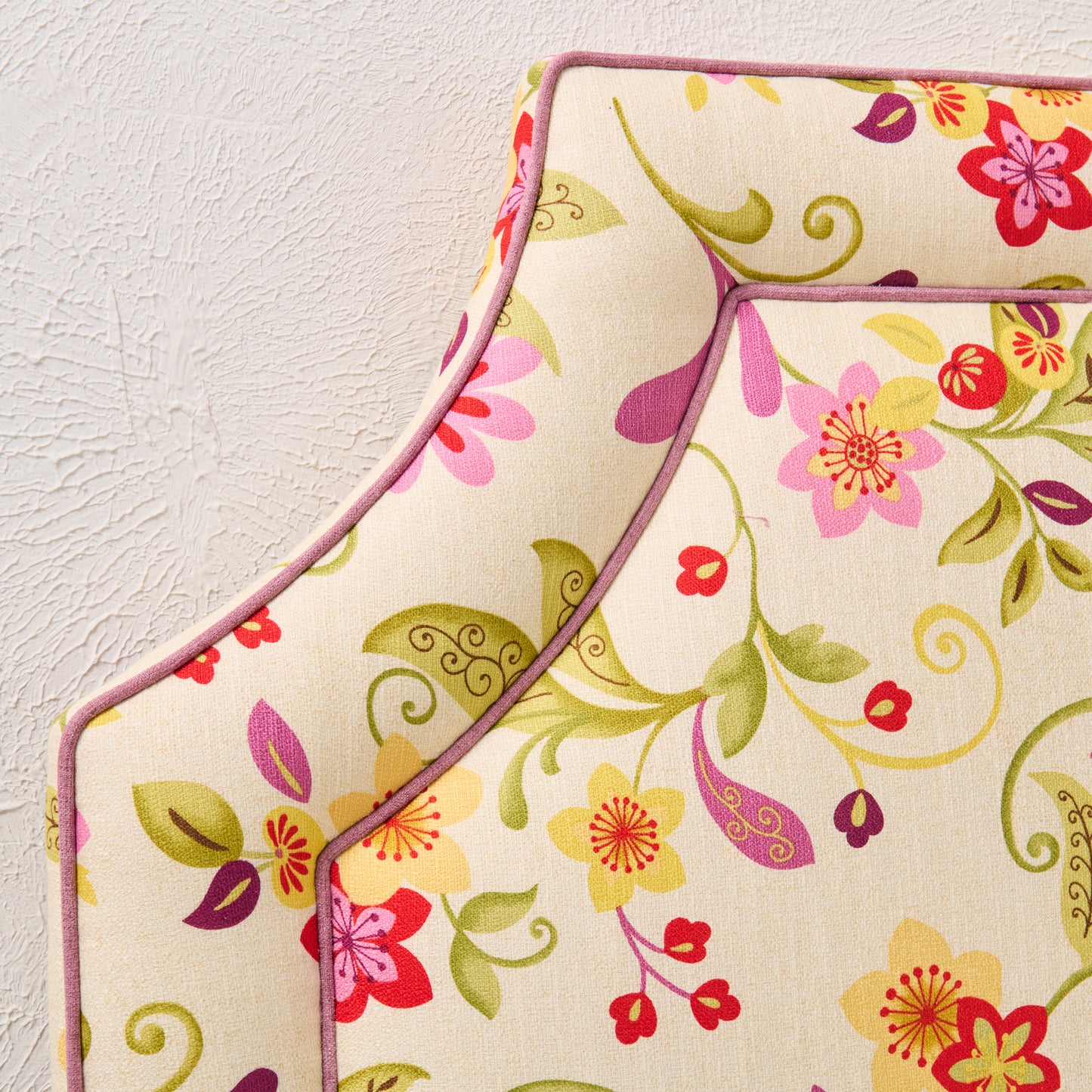 The Addison Queen Headboard - Fabricut Floral Orchid Fabric - Lavender Trim