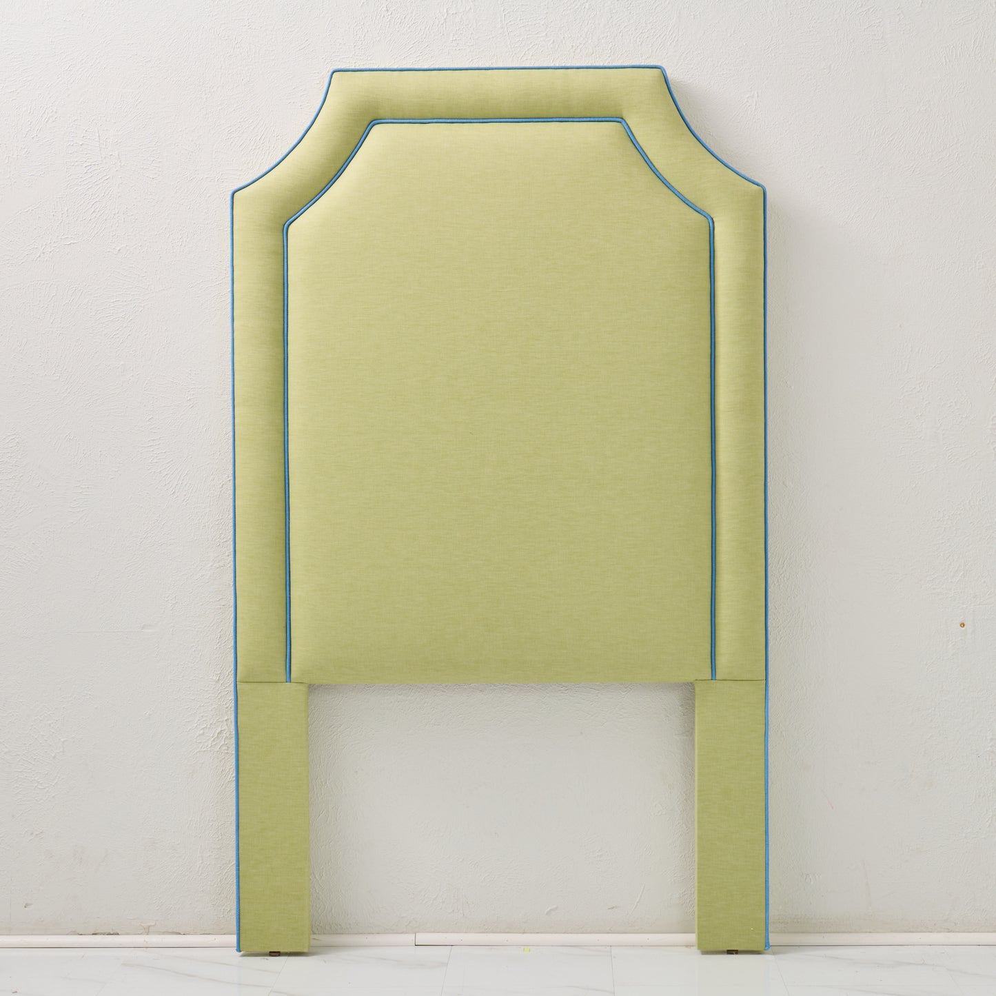 The Addison Twin Headboard -  Lime Green Linen Fabric - Blue Trim