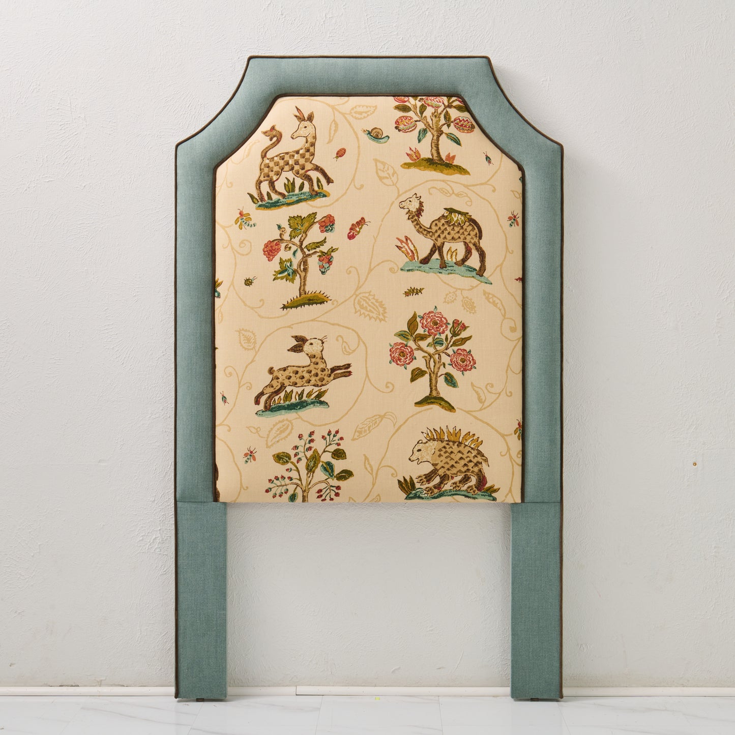 The Addison Twin Headboard - La Menagerie Schumacher Sage Green Fabric - Brown Trim
