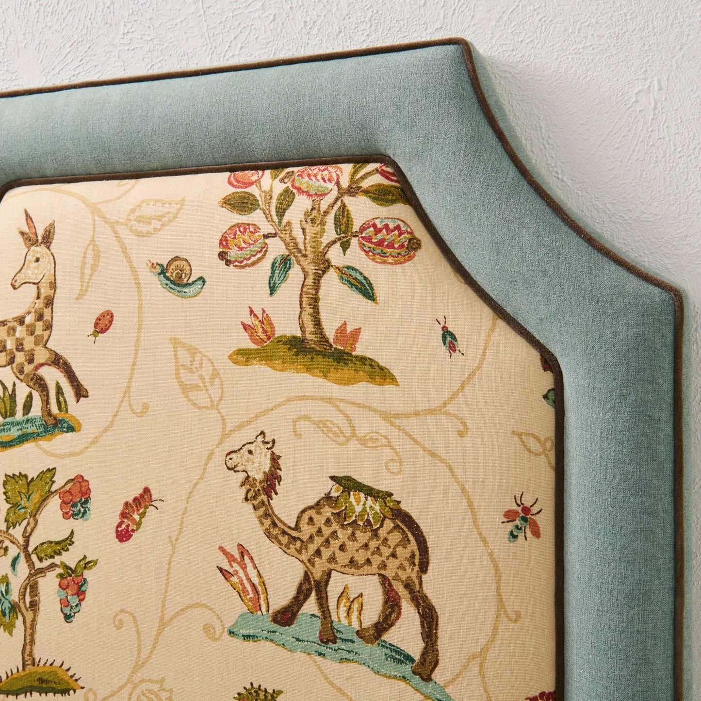 The Addison Twin Headboard - La Menagerie Schumacher Sage Green Fabric - Brown Trim