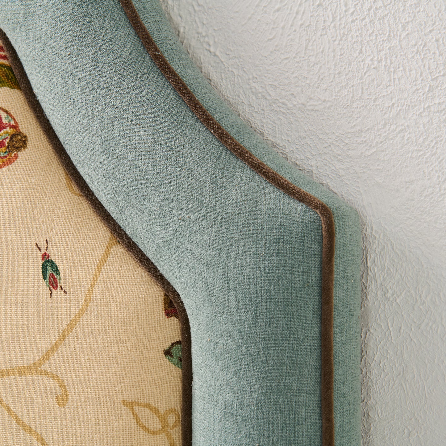 The Addison Twin Headboard - La Menagerie Schumacher Sage Green Fabric - Brown Trim