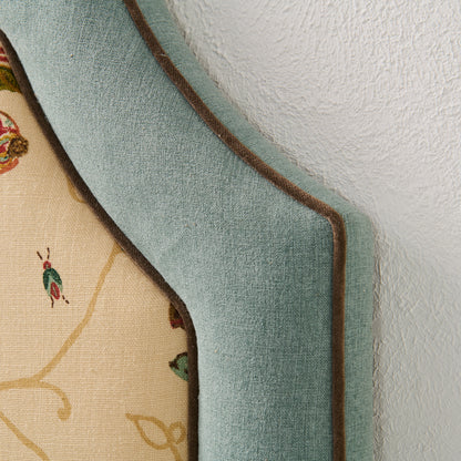 The Addison Twin Headboard - La Menagerie Schumacher Sage Green Fabric - Brown Trim