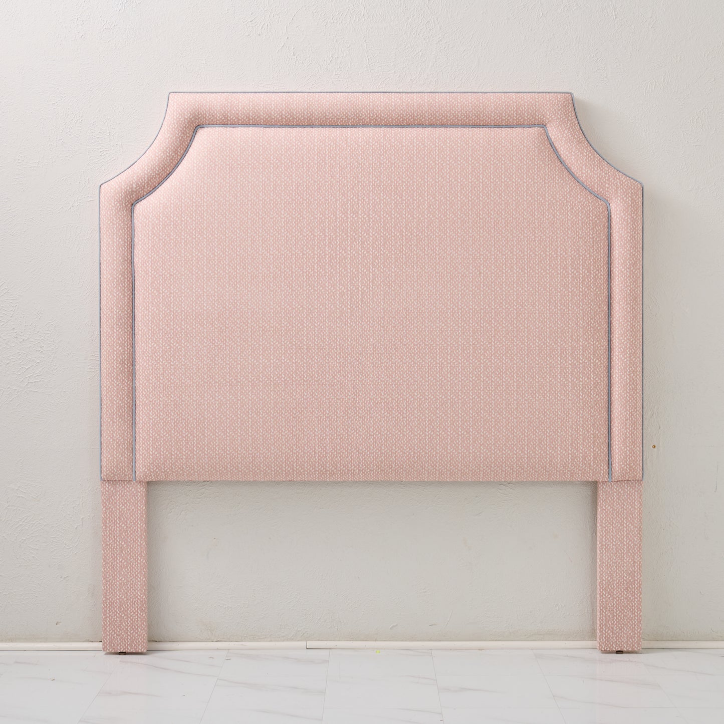 65" H Queen Headboard Blush Pink Dot Pattern Fabric - Sky Blue Trim