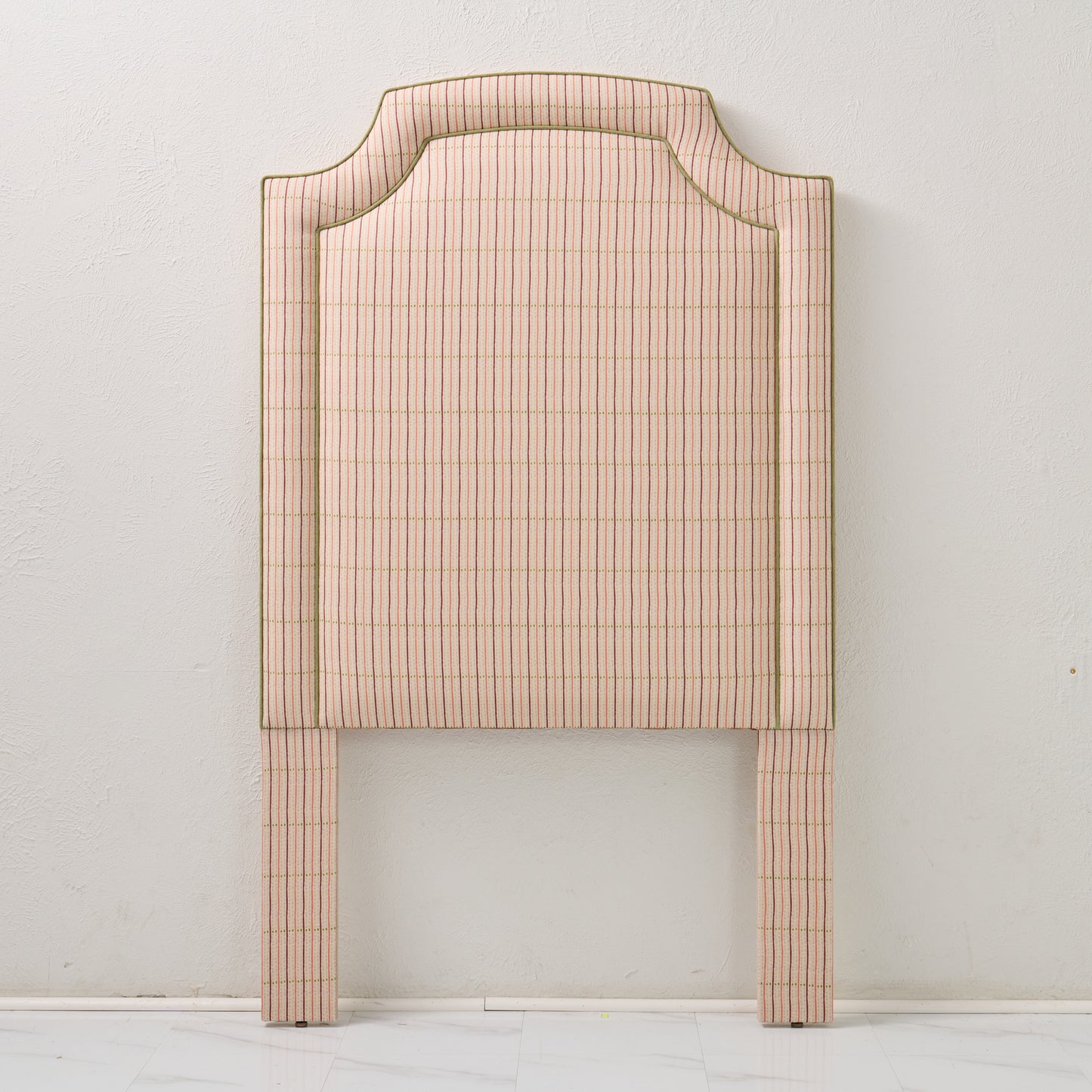 The Aliana Twin Headboard - Striped Cream Fabric - Green Trim