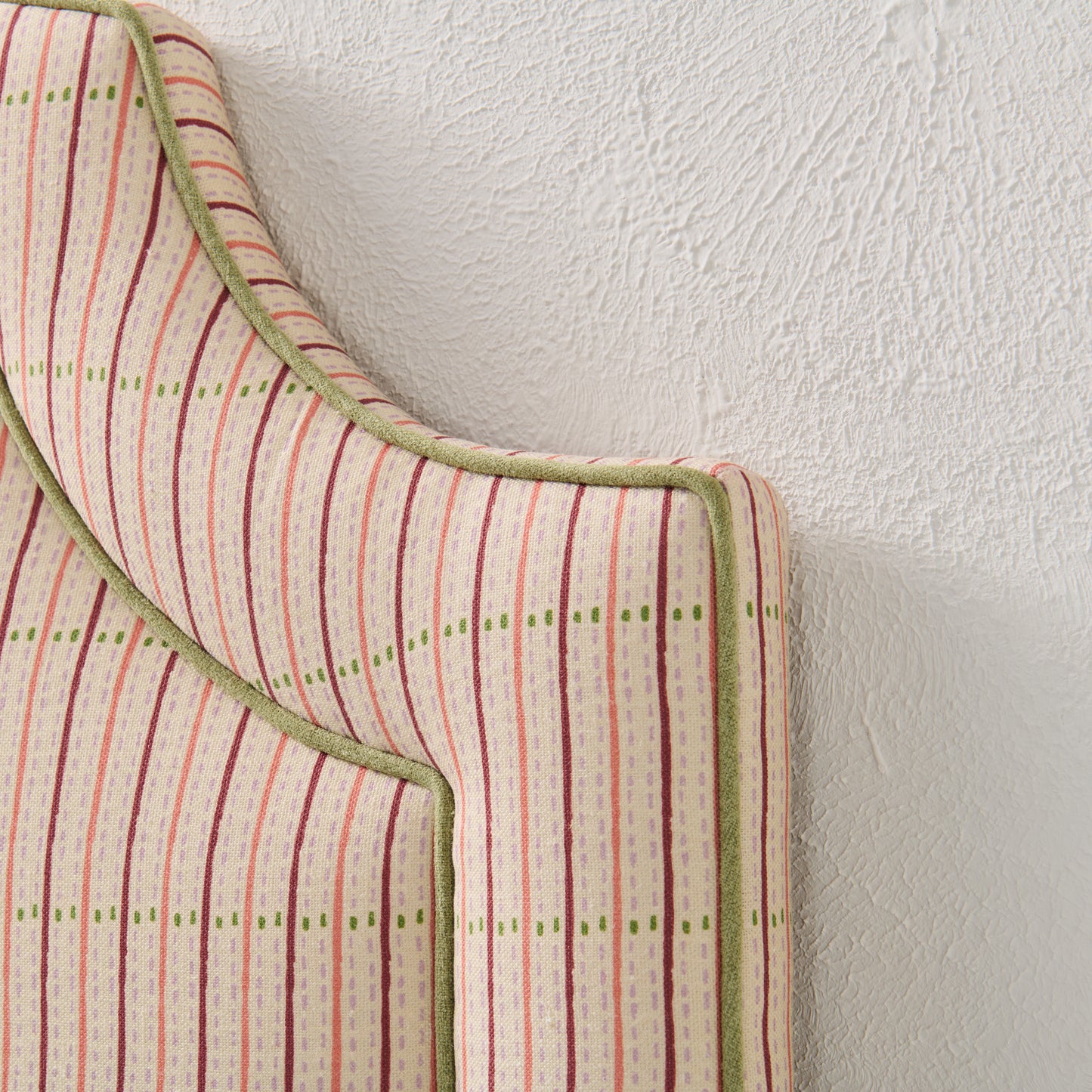 The Aliana Twin Headboard - Striped Cream Fabric - Green Trim