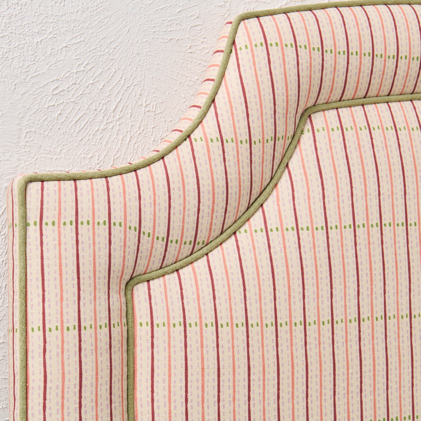 The Aliana Twin Headboard - Striped Cream Fabric - Green Trim