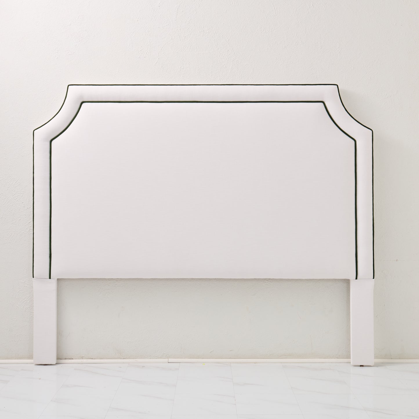 The Addison King Headboard - White Linen Fabric - Green Velvet Trim