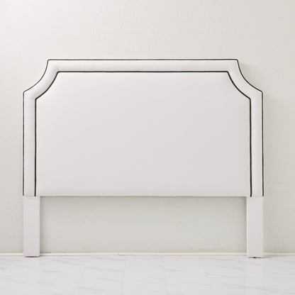 The Addison King Headboard - White Linen Fabric - Green Velvet Trim