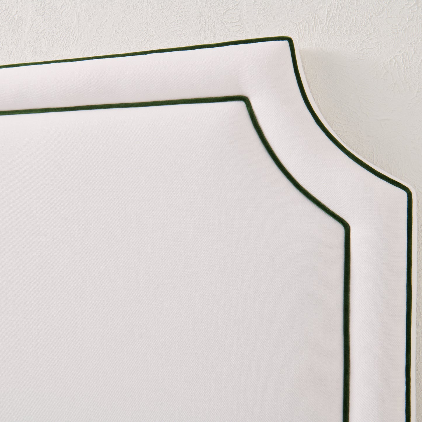 The Addison King Headboard - White Linen Fabric - Green Velvet Trim