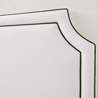 The Addison King Headboard - White Linen Fabric - Green Velvet Trim