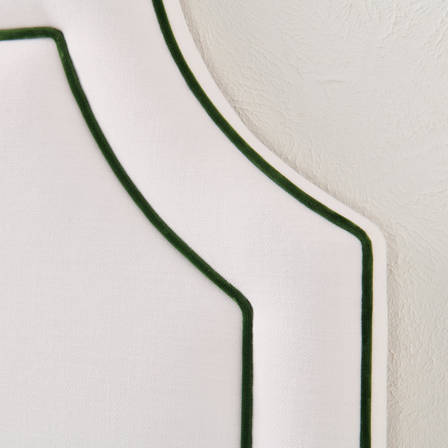 The Addison King Headboard - White Linen Fabric - Green Velvet Trim