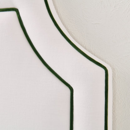 The Addison King Headboard - White Linen Fabric - Green Velvet Trim