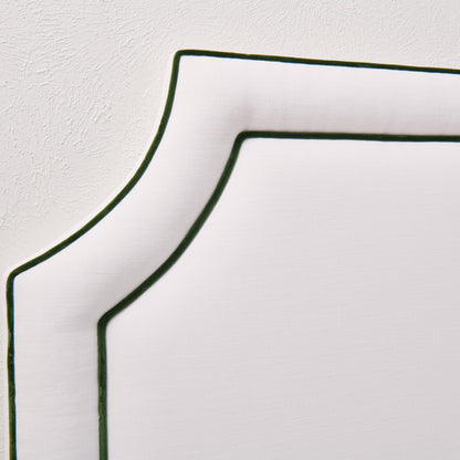 The Addison King Headboard - White Linen Fabric - Green Velvet Trim