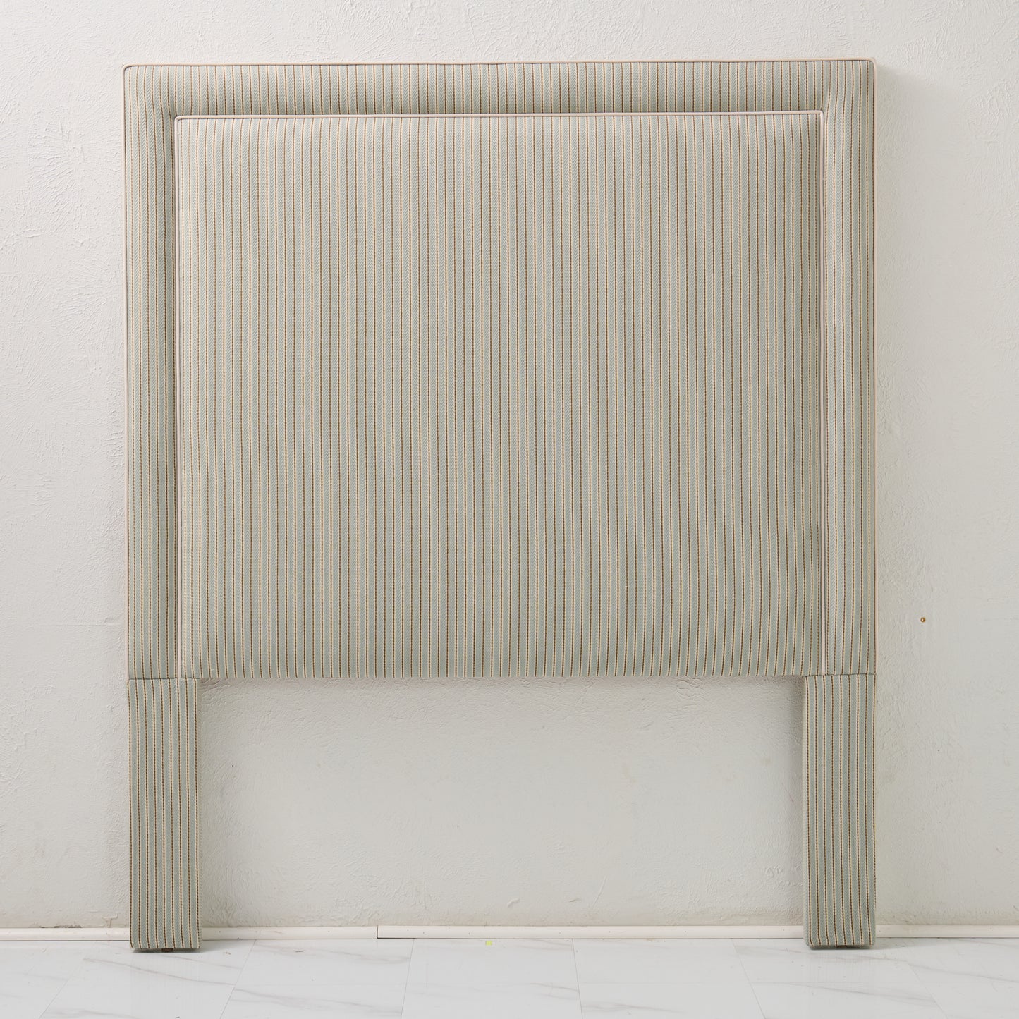 The Jacob Queen Headboard - Stripe Grey Blue Fabric - White Trim