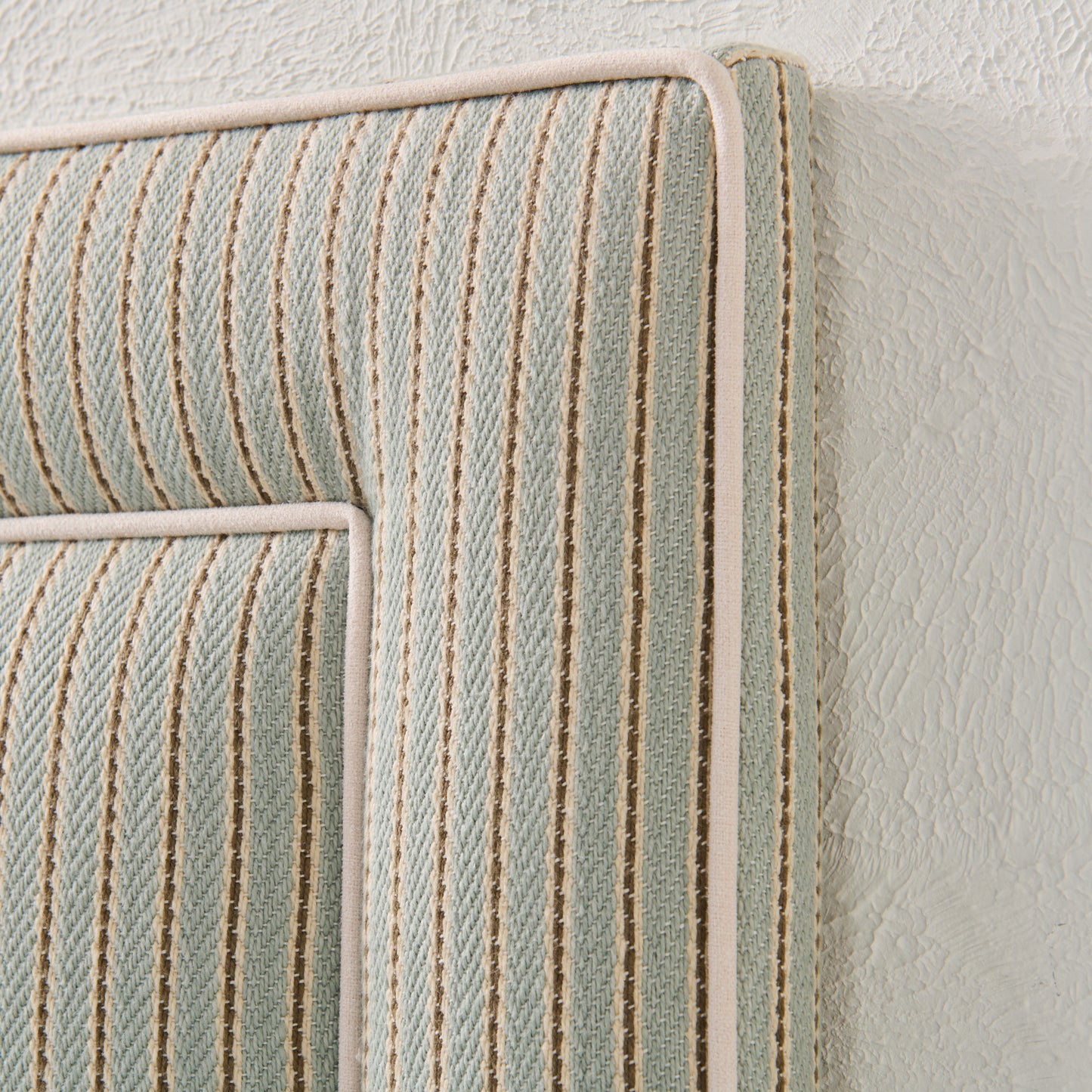 The Jacob Queen Headboard - Stripe Grey Blue Fabric - White Trim