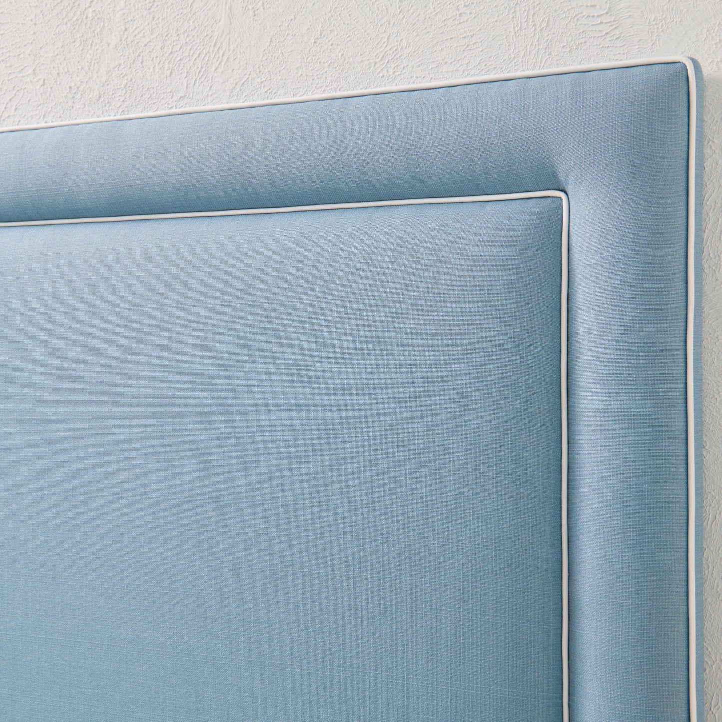 The Jacob Queen Headboard - Blue Linen Fabric- White Trim