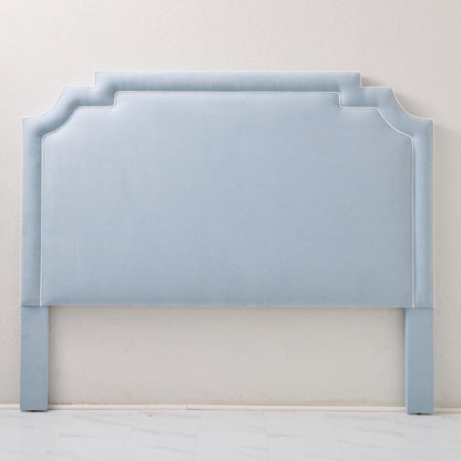The Martha King Headboard - Sky Blue Woven Fabric - White Trim