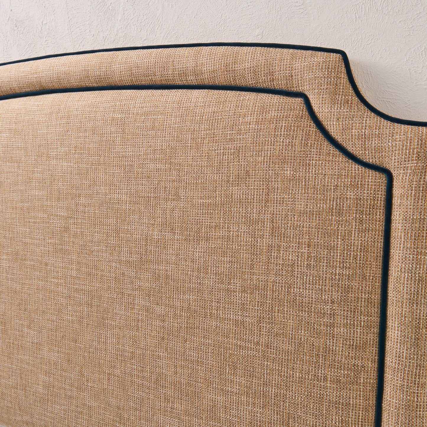 The Aliana King Headboard - Linen Headboard - Navy Velvet Piping.