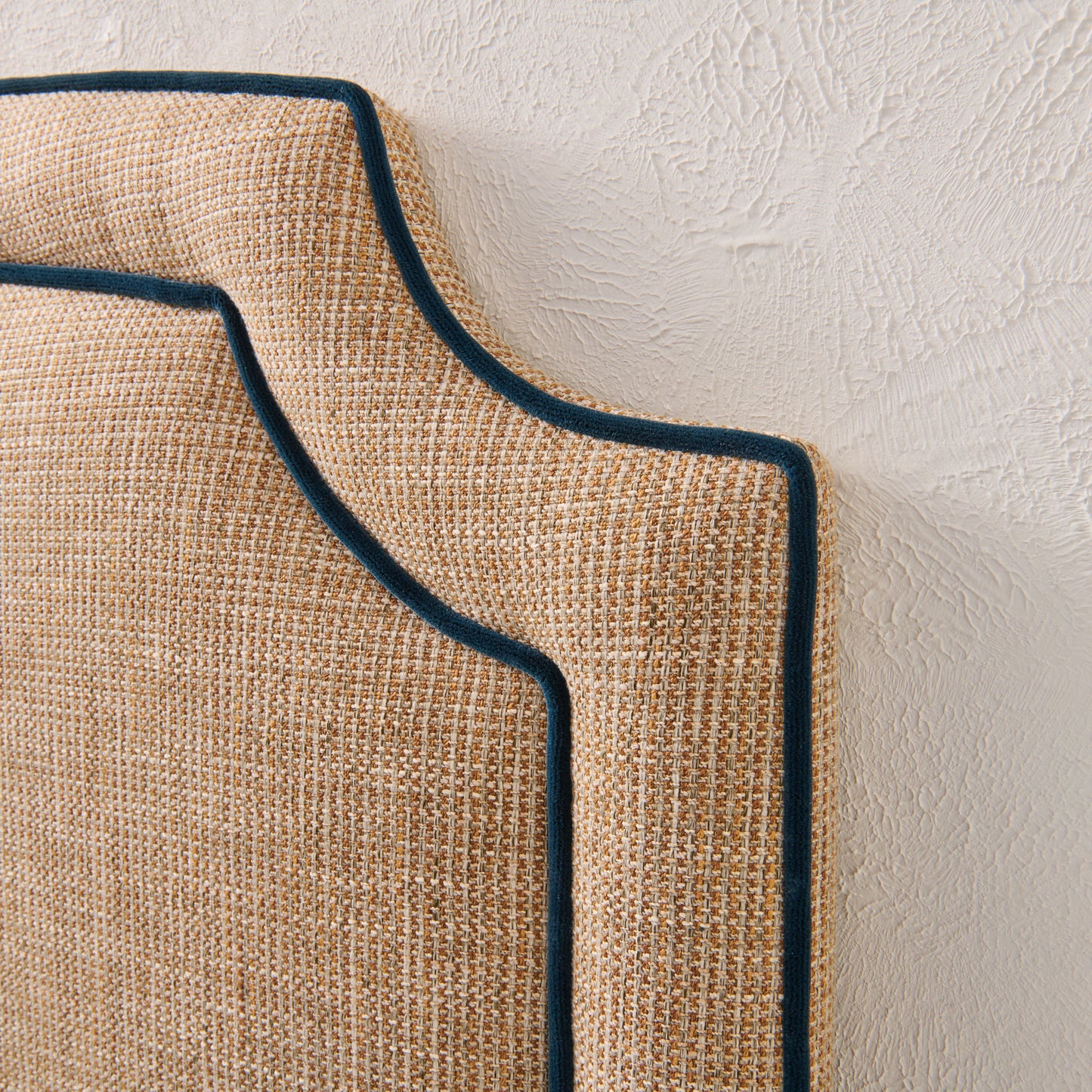 The Aliana King Headboard - Linen Headboard - Navy Velvet Piping.