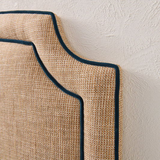 The Aliana King Headboard - Linen Headboard - Navy Velvet Piping.