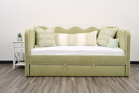 Twin Trundle Daybed - Scalloped - Pistachio Green Woven Fabric with White Trim