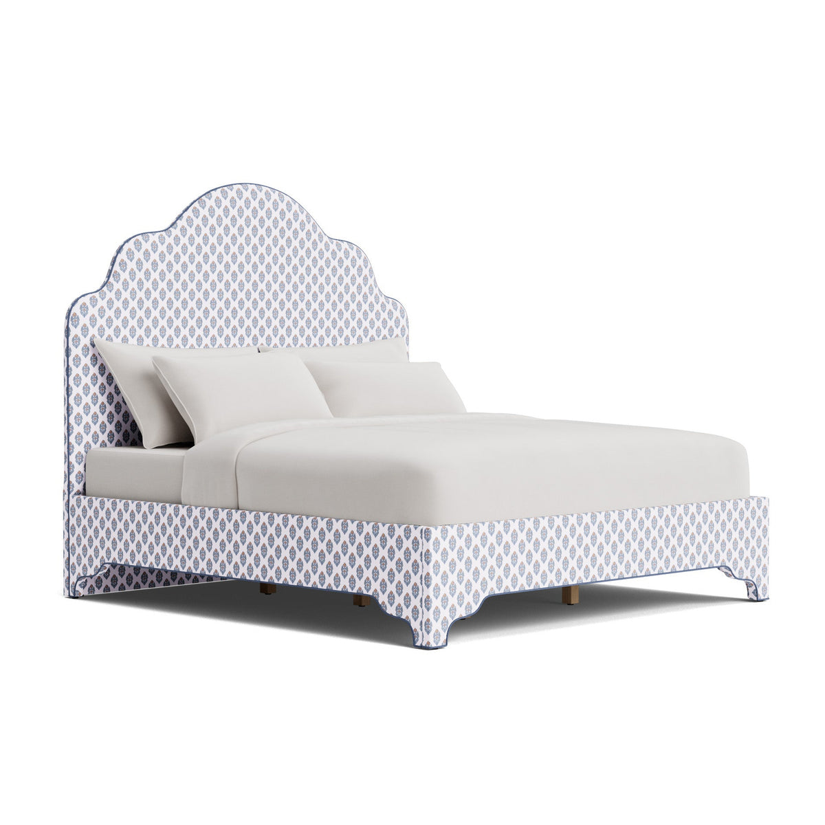 The Rachel King Platform Bed - Scalloped Legs - Island Bloom Fabric - Navy Trim