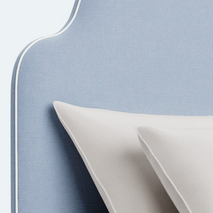 The Rachel King Platform Bed - Scalloped Legs - Performance Ashley Blue Chenille Fabric - White Trim