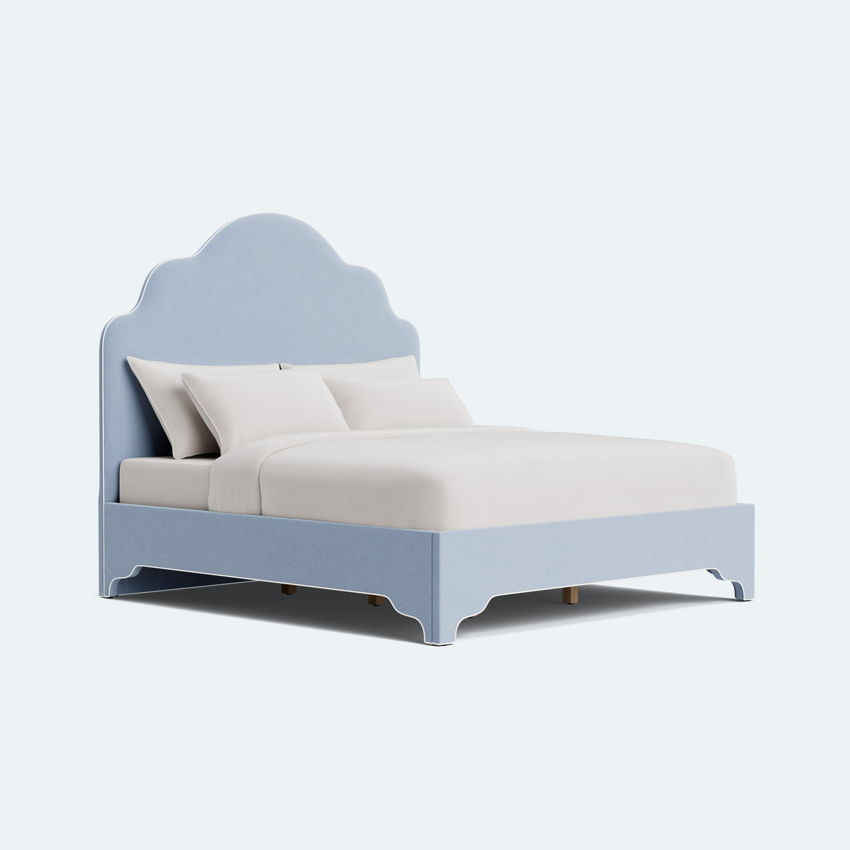 The Rachel King Platform Bed - Scalloped Legs - Performance Ashley Blue Chenille Fabric - White Trim