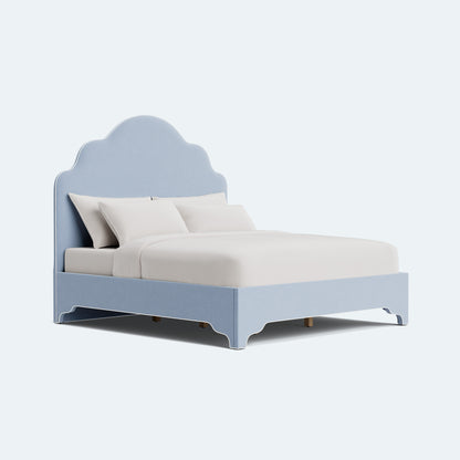 The Rachel King Platform Bed - Scalloped Legs - Performance Ashley Blue Chenille Fabric - White Trim