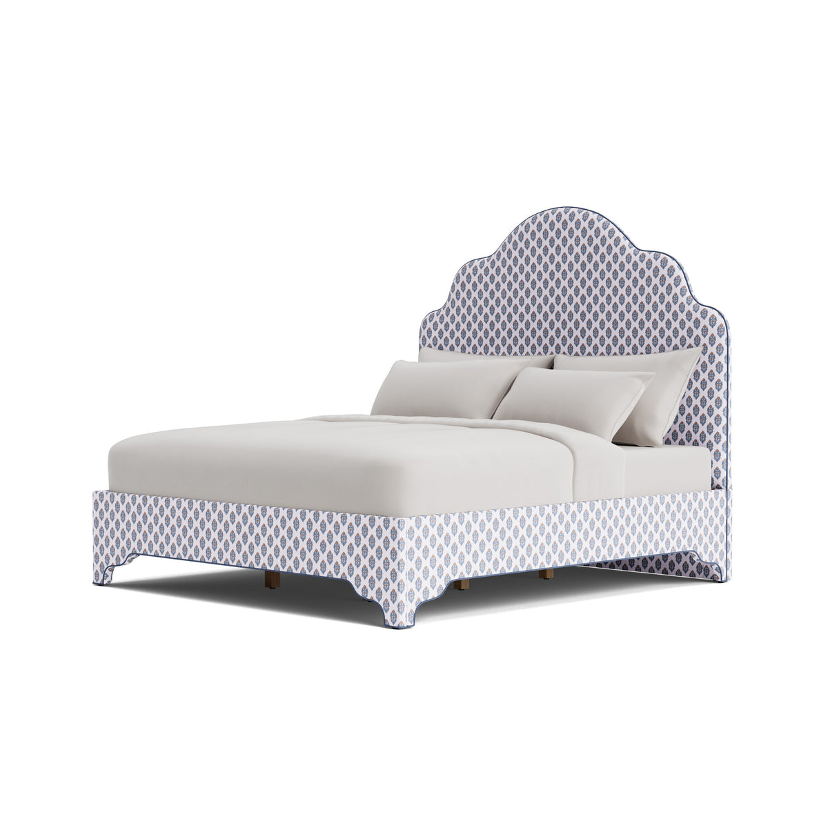 The Rachel King Platform Bed - Scalloped Legs - Island Bloom Fabric - Navy Trim