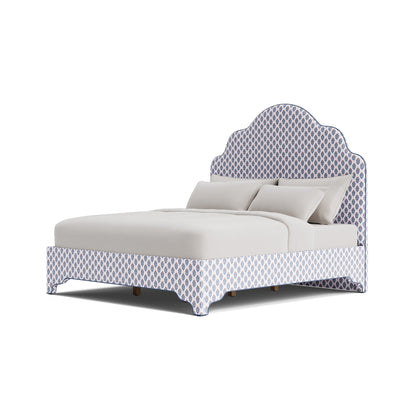 The Rachel King Platform Bed - Scalloped Legs - Island Bloom Fabric - Navy Trim