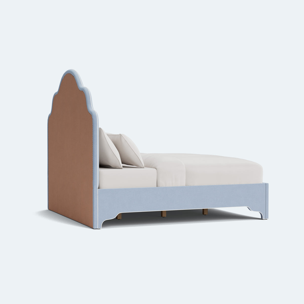 The Rachel King Platform Bed - Scalloped Legs - Performance Ashley Blue Chenille Fabric - White Trim