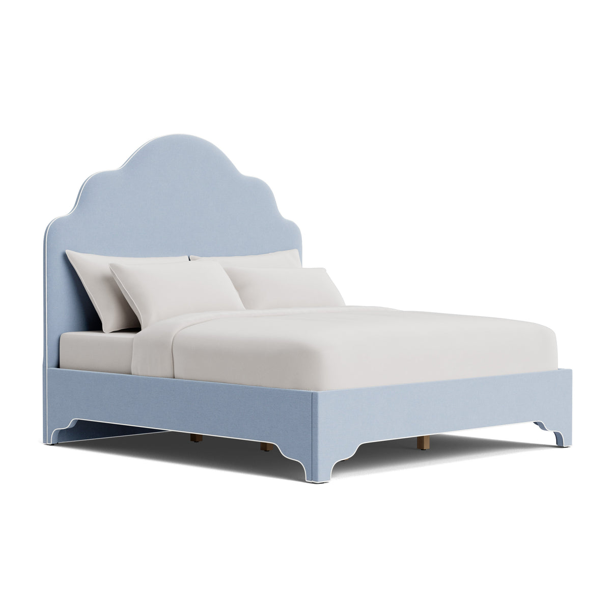 The Rachel King Platform Bed - Scalloped Legs - Performance Ashley Blue Chenille Fabric - White Trim