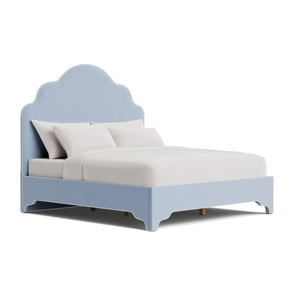The Rachel King Platform Bed - Scalloped Legs - Performance Ashley Blue Chenille Fabric - White Trim