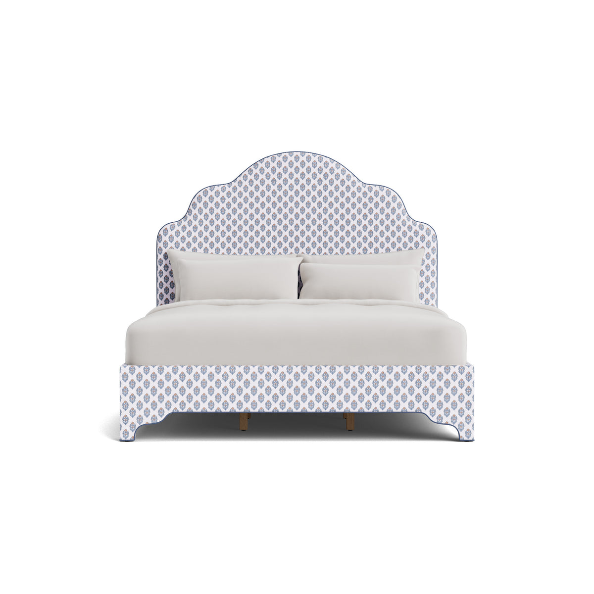 The Rachel King Platform Bed - Scalloped Legs - Island Bloom Fabric - Navy Trim
