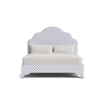 The Rachel King Platform Bed - Scalloped Legs - Island Bloom Fabric - Navy Trim