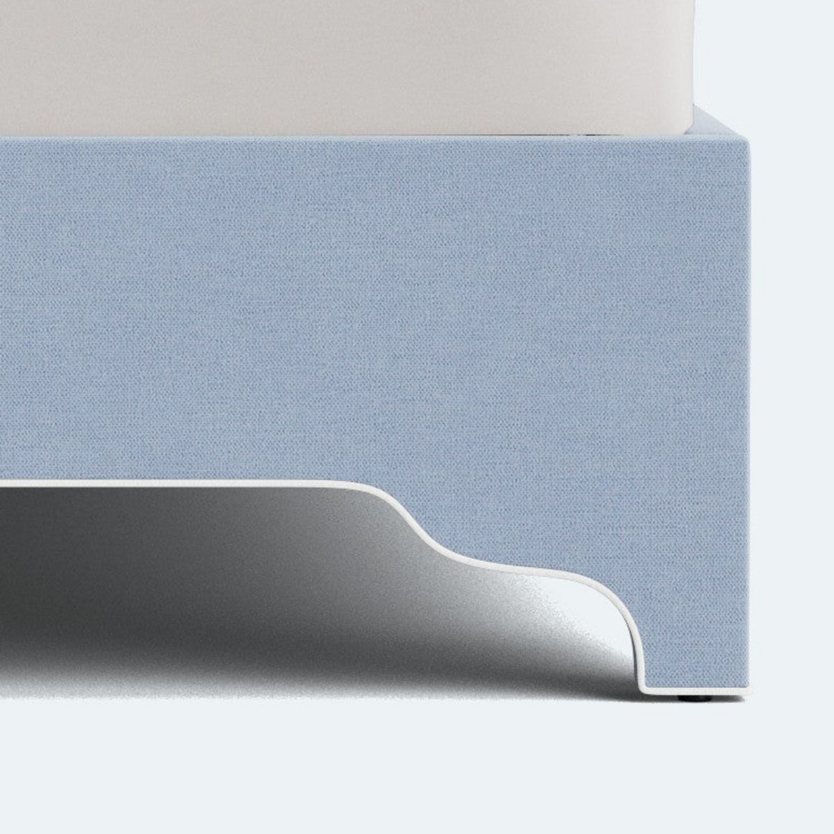 The Rachel King Platform Bed - Scalloped Legs - Performance Ashley Blue Chenille Fabric - White Trim