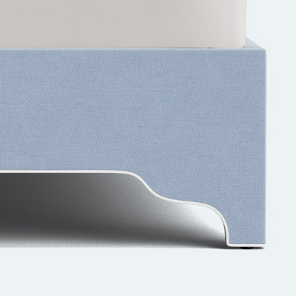 The Rachel King Platform Bed - Scalloped Legs - Performance Ashley Blue Chenille Fabric - White Trim