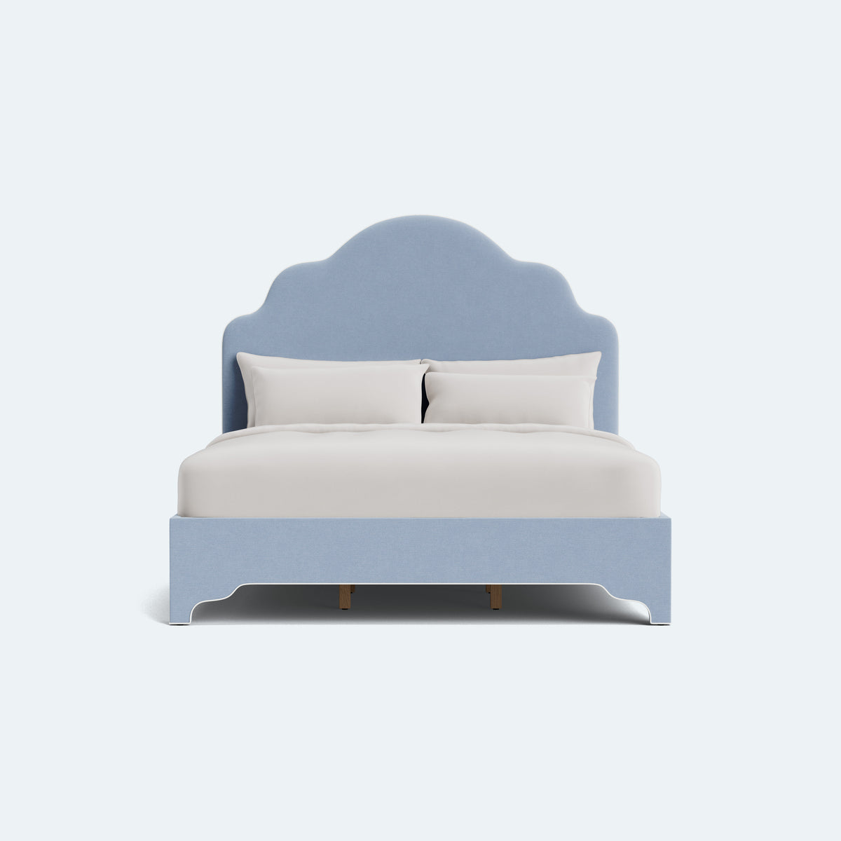 The Rachel King Platform Bed - Scalloped Legs - Performance Ashley Blue Chenille Fabric - White Trim