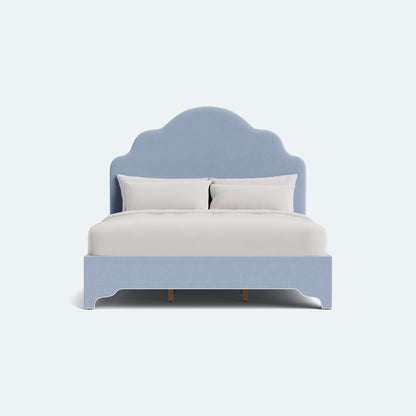 The Rachel King Platform Bed - Scalloped Legs - Performance Ashley Blue Chenille Fabric - White Trim