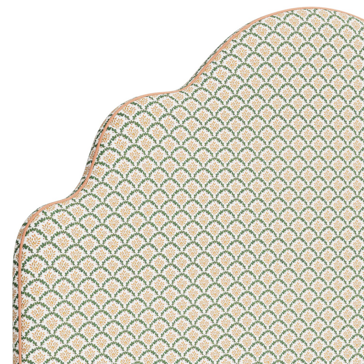 The Rachel Queen Headboard -  Sophia Gold/Moss Lillian August Fabric - Papaya Trim