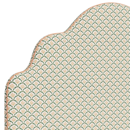 The Rachel Queen Headboard -  Sophia Gold/Moss Lillian August Fabric - Papaya Trim
