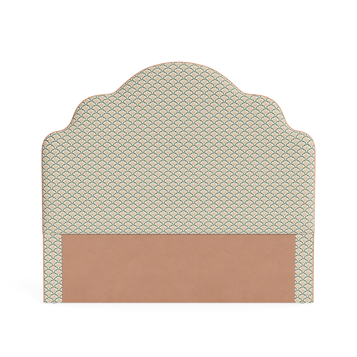 The Rachel Queen Headboard -  Sophia Gold/Moss Lillian August Fabric - Papaya Trim